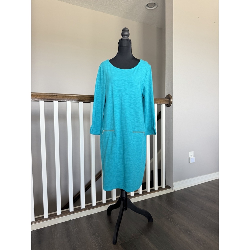 Talbots Aqua 3/4 Sleeve Zip Pocket Dress Large Academia Office Preppy Career